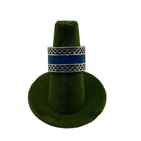 Unique Silver & Blue Enamel Adjustable Ring With Intricate Lattice Design - Picture 1 of 5